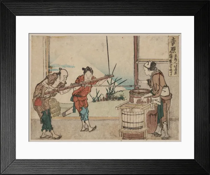 Framed Print : Yoshiwara. Print shows an older man and two young apprentices Framed Print : Yoshiwara. Print shows an older man and two young apprentices
