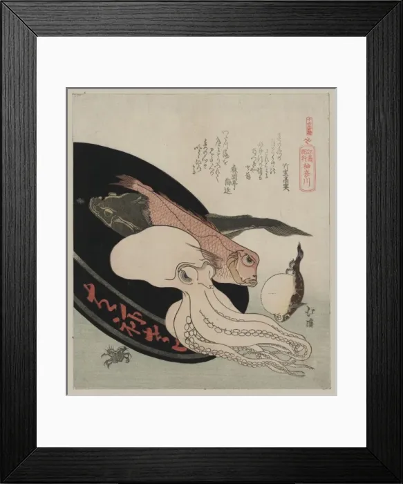 Framed Print : Kanagawa. Print shows several kinds of fish including an octopus in a tray Framed Print : Kanagawa. Print shows several kinds of fish including an octopus in a tray