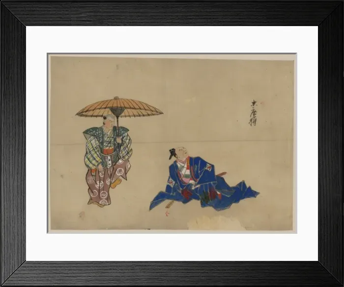 Framed Print : Two old men, possibly actors, one standing, holding an umbre Framed Print : Two old men, possibly actors, one standing, holding an umbre
