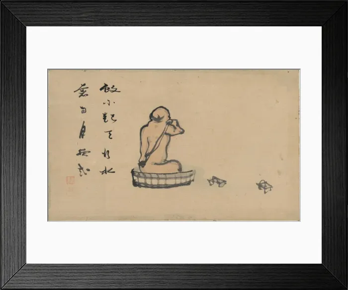 Framed Print : An elderly man, seen from behind, bathing in a wooden tub Framed Print : An elderly man, seen from behind, bathing in a wooden tub