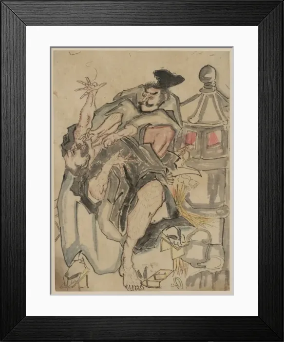 Framed Print : Two men struggling next to a stone lantern, upsetting a teap Framed Print : Two men struggling next to a stone lantern, upsetting a teap