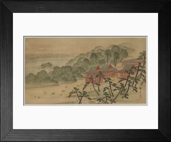 Framed Print : Fukeiga. Painting shows travelers around temple buildings surrounded by trees Framed Print : Fukeiga. Painting shows travelers around temple buildings surrounded by trees