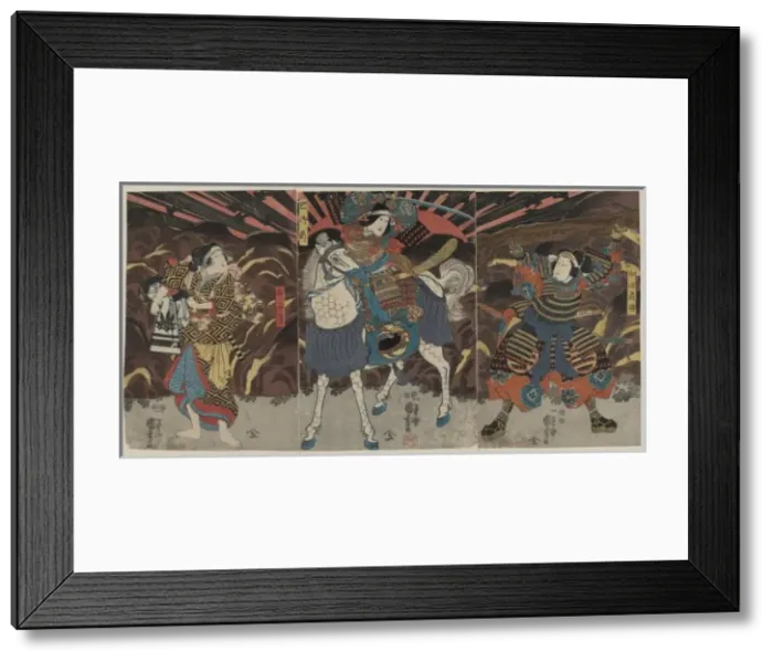 Framed Print : Three actors in the roles of Wadai Yoshimori, Tomoe Gozen, a Framed Print : Three actors in the roles of Wadai Yoshimori, Tomoe Gozen, a