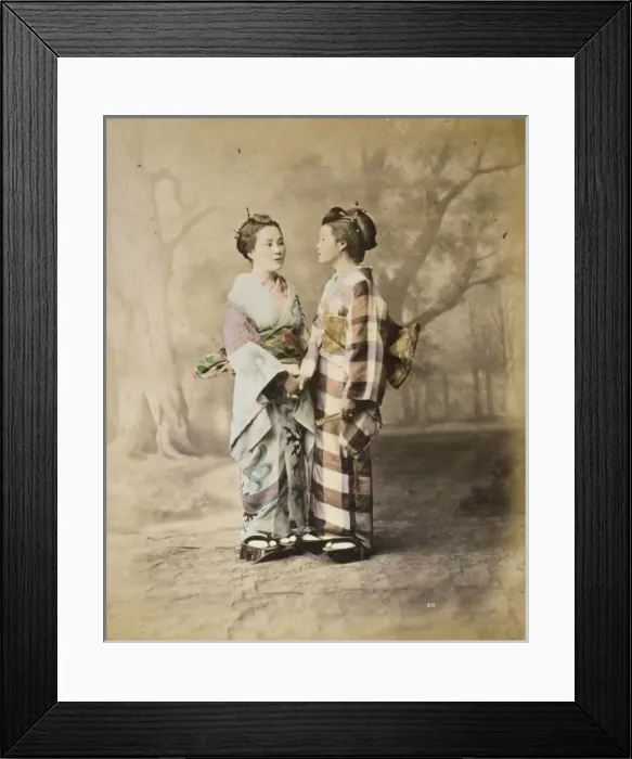 Framed Print : Two Japanese women, full-length studio portrait with backdro Framed Print : Two Japanese women, full-length studio portrait with backdro