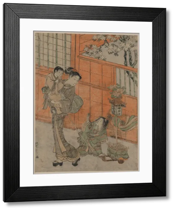 Framed Print : Mother and children pulling a toy float of the Kanda parade Framed Print : Mother and children pulling a toy float of the Kanda parade
