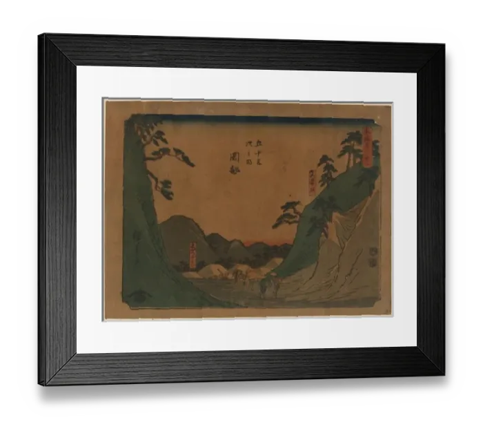 Framed Print : Okabe. Print shows travelers, including two carrying a palanquin Framed Print : Okabe. Print shows travelers, including two carrying a palanquin