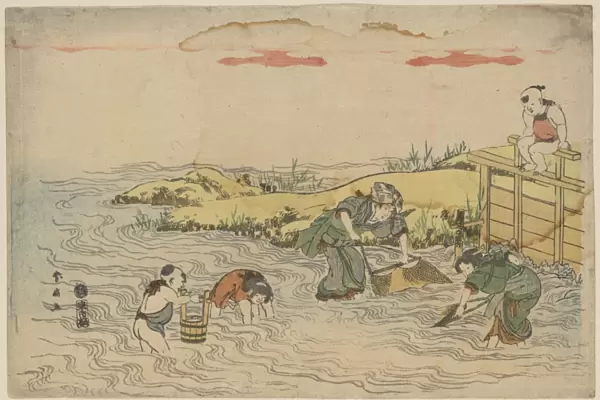 Fishing. Print shows two women working a net and two children gathering