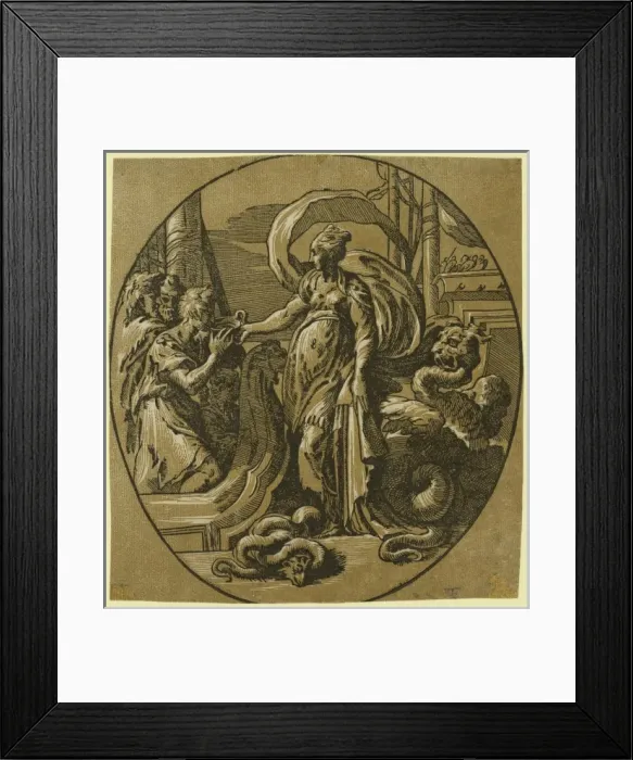 Framed Print : Circe. Print showing Circe, standing on a wharf with dragon-like serpents Framed Print : Circe. Print showing Circe, standing on a wharf with dragon-like serpents