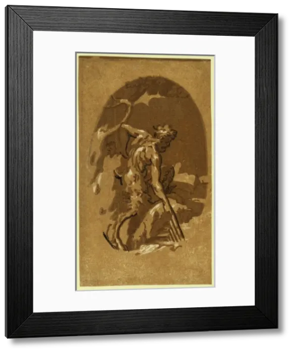 Framed Print : Pan. Print showing Pan, right profile view, resting his pipes against a rock Framed Print : Pan. Print showing Pan, right profile view, resting his pipes against a rock