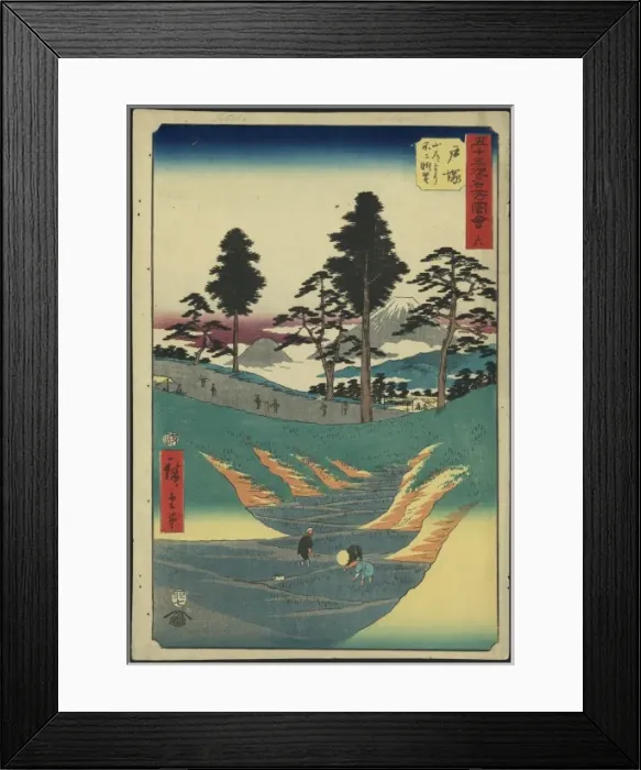 Framed Print : Totsuka. Print shows laborers in rice paddies in the foreground Framed Print : Totsuka. Print shows laborers in rice paddies in the foreground