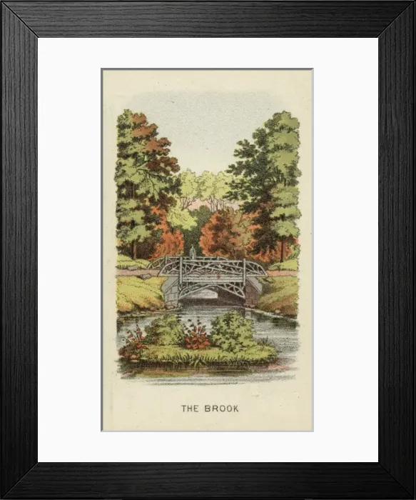 Framed Print : The brook. Print shows a view of stream with a small island in the foreground Framed Print : The brook. Print shows a view of stream with a small island in the foreground