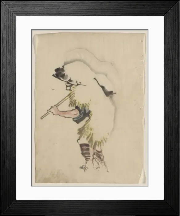 Framed Print : A man walking to the left, wearing a large conical hat and a Framed Print : A man walking to the left, wearing a large conical hat and a