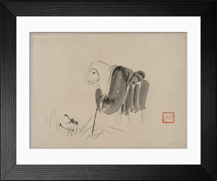 Framed Print : Fox nun. Drawing shows a fox disguised as a nun standing before a trap Framed Print : Fox nun. Drawing shows a fox disguised as a nun standing before a trap