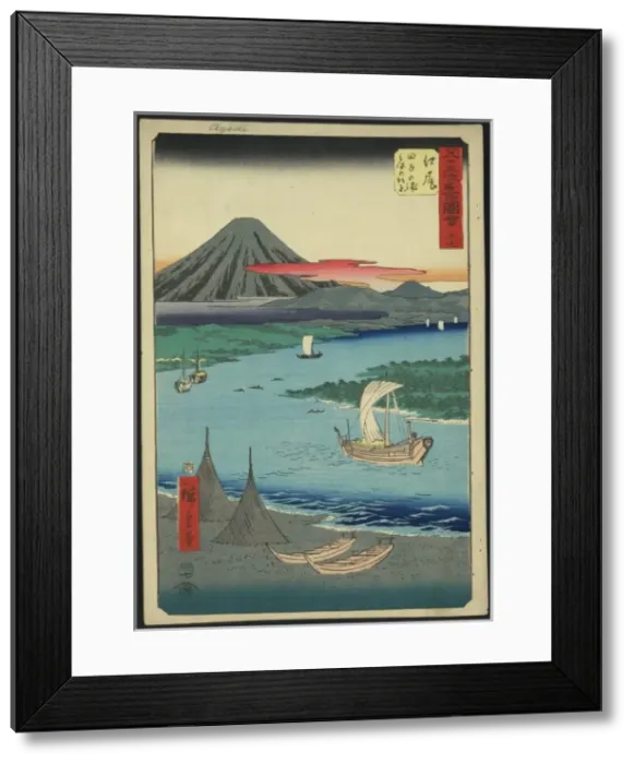 Framed Print : Ejiri. Print shows a bird s-eye view of ships on a river, two boats Framed Print : Ejiri. Print shows a bird s-eye view of ships on a river, two boats