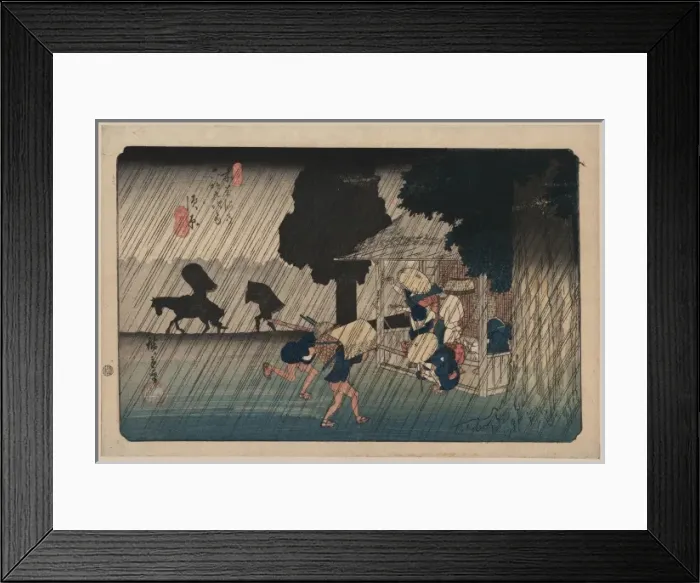 Framed Print : Suhara. Print shows people caught in a rain storm running for shelter Framed Print : Suhara. Print shows people caught in a rain storm running for shelter