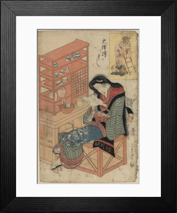 Framed Print : Shaving a monks head Daikoku shaving Fukurokujins head