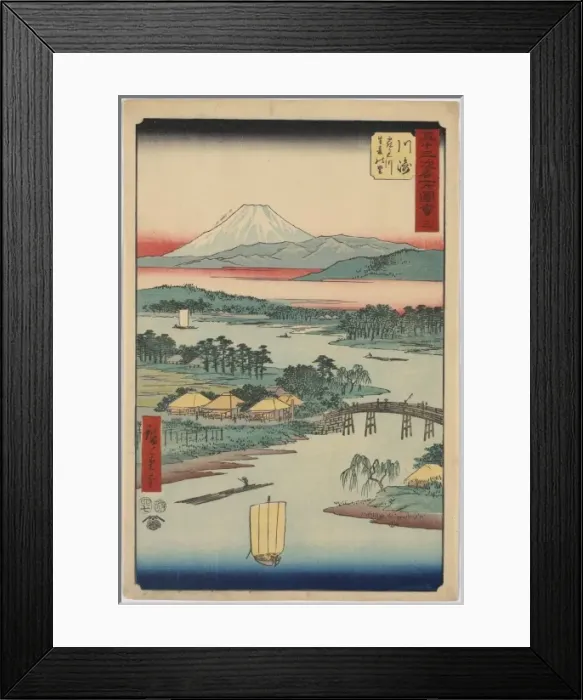 Framed Print : Kawasaki. Print shows a bird s-eye view of the river with a sailboat Framed Print : Kawasaki. Print shows a bird s-eye view of the river with a sailboat