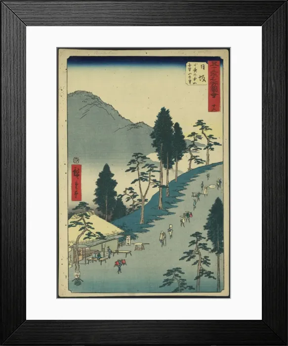 Framed Print : Nissaka. Print shows a bird s-eye view of pilgrims walking along the Tokaido Framed Print : Nissaka. Print shows a bird s-eye view of pilgrims walking along the Tokaido
