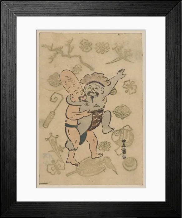 Framed Print : Sumo match between Daikoku and Fukurokuju Framed Print : Sumo match between Daikoku and Fukurokuju