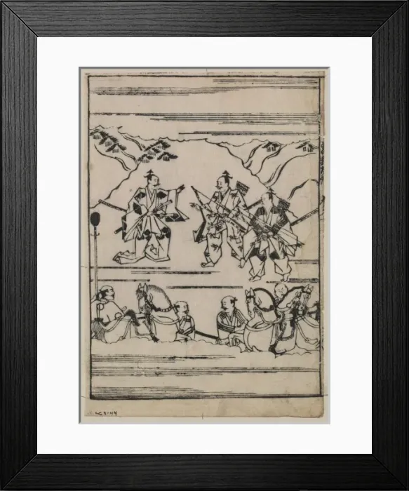 Framed Print : Scenes related to the Soga family - three warriors, one with Framed Print : Scenes related to the Soga family - three warriors, one with