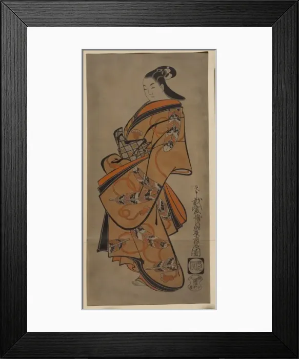 Framed Print : Beauty wearing a kimono with falcon feather patterns Framed Print : Beauty wearing a kimono with falcon feather patterns