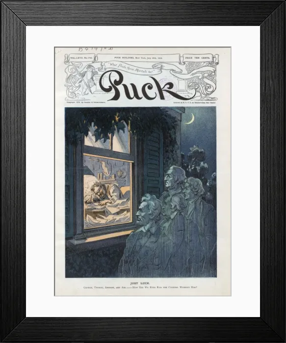 Framed Print : Just luck. Illustration shows Theodore Roosevelt furiously writing at a Framed Print : Just luck. Illustration shows Theodore Roosevelt furiously writing at a