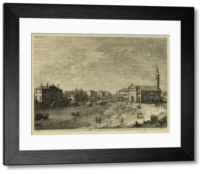 Framed Print : Al Dolo. Print shows gondolas on a canal with pedestrians walking alongside, Framed Print : Al Dolo. Print shows gondolas on a canal with pedestrians walking alongside,