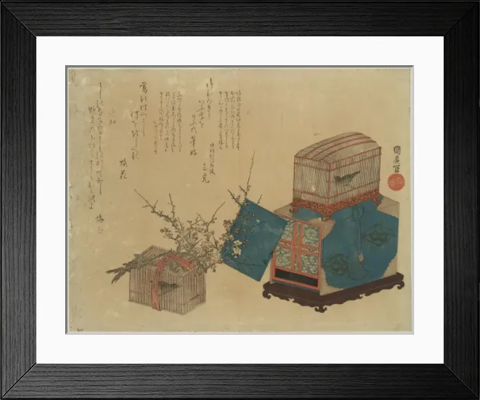 Framed Print : Caged bush warbler and plum Framed Print : Caged bush warbler and plum