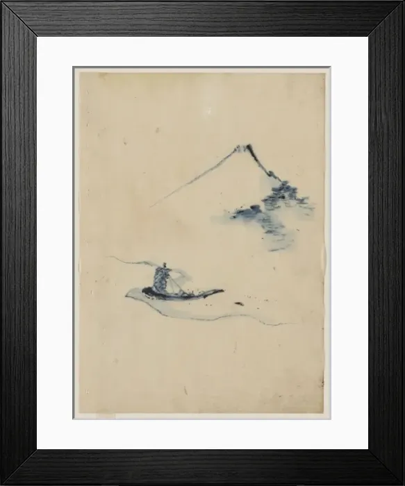 Framed Print : A person in a small boat on a river with Mount Fuji in the b Framed Print : A person in a small boat on a river with Mount Fuji in the b