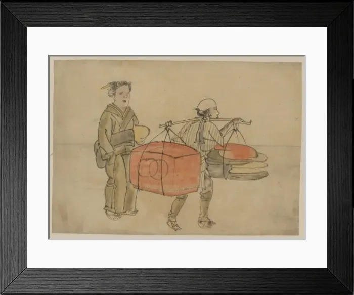 Framed Print : A man carrying a shoulder pole with a trunk and bedding for Framed Print : A man carrying a shoulder pole with a trunk and bedding for
