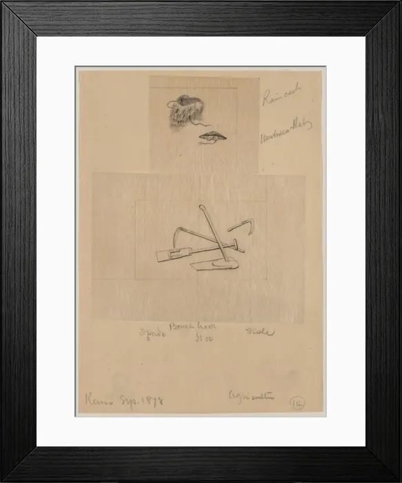 Framed Print : Raincoat, umbrella hat, brush hook, spade, hoe, sickle Framed Print : Raincoat, umbrella hat, brush hook, spade, hoe, sickle