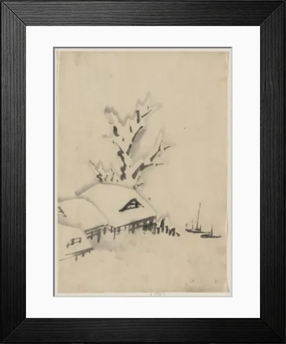 Framed Print : Buildings and large tree on the waterfront, with two boats a Framed Print : Buildings and large tree on the waterfront, with two boats a