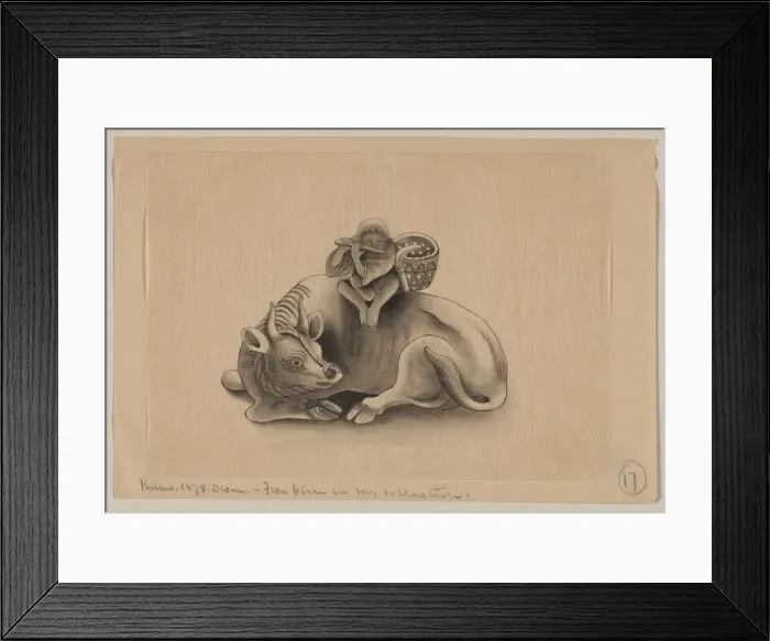 Framed Print : Dream. Drawing shows a boy or young man sitting on the back of a bull lying Framed Print : Dream. Drawing shows a boy or young man sitting on the back of a bull lying