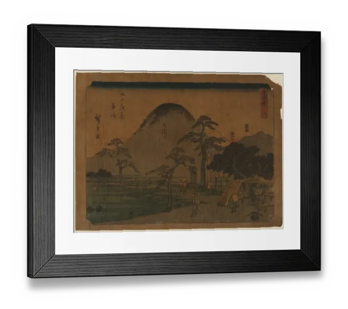 Framed Print : Hiratsuka. Print shows travelers at an open-air rest stop near shrines Framed Print : Hiratsuka. Print shows travelers at an open-air rest stop near shrines