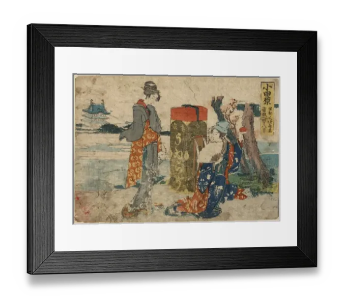 Framed Print : Odawara. Print shows two travelers, a woman standing next to a large trunk Framed Print : Odawara. Print shows two travelers, a woman standing next to a large trunk