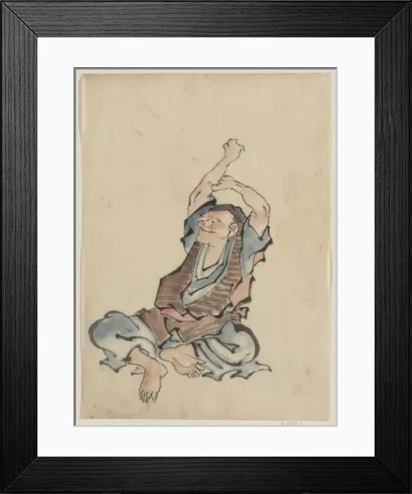 Framed Print : A man, facing left, wearing several layers of clothing, sitt Framed Print : A man, facing left, wearing several layers of clothing, sitt