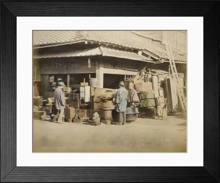 Framed Print : Exterior view of store on the corner of the street with merc Framed Print : Exterior view of store on the corner of the street with merc