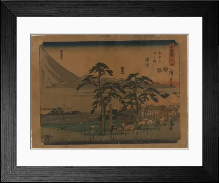 Framed Print : Numazu. Print shows travelers and porters with palanquin passing village Framed Print : Numazu. Print shows travelers and porters with palanquin passing village