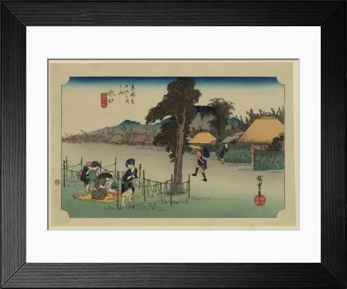 Framed Print : Minakuchi. Print shows a woman hanging gourd shavings to dry Framed Print : Minakuchi. Print shows a woman hanging gourd shavings to dry