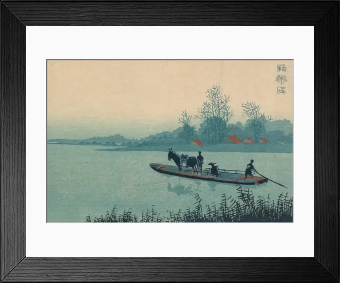 Framed Print : Ferryboat. Print shows a man poling a ferryboat carrying two passengers and a horse Framed Print : Ferryboat. Print shows a man poling a ferryboat carrying two passengers and a horse