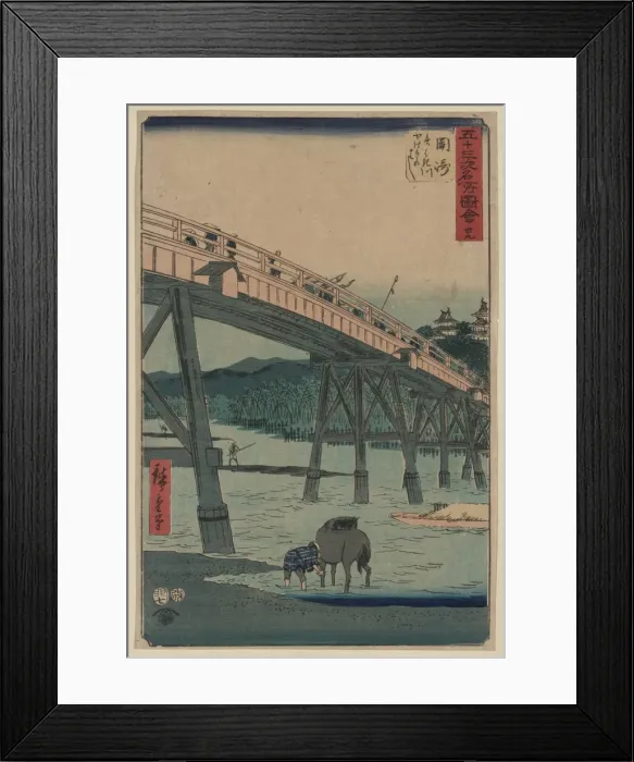 Framed Print : Okazaki. Print shows a wooden bridge from below spanning a small river Framed Print : Okazaki. Print shows a wooden bridge from below spanning a small river