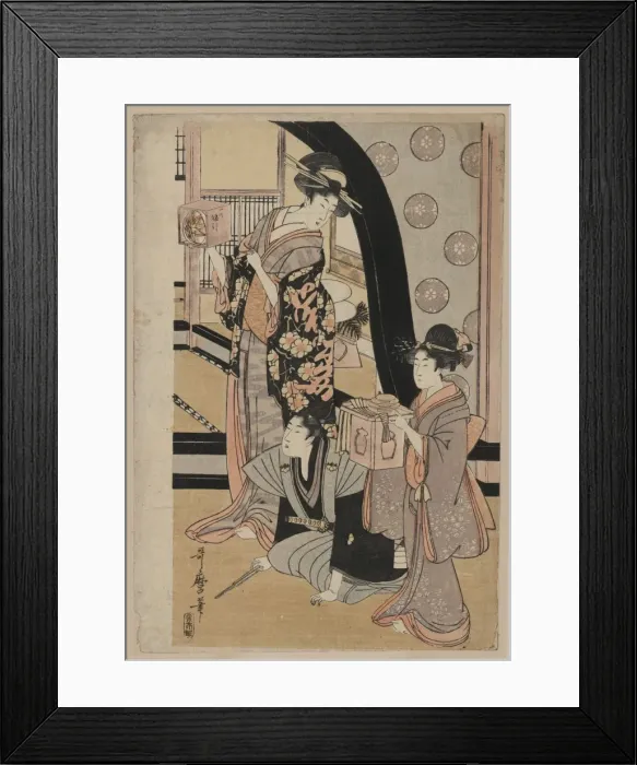 Framed Print : Fukubiki. Print shows two women standing, holding small boxes for a lottery game Framed Print : Fukubiki. Print shows two women standing, holding small boxes for a lottery game
