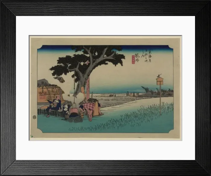 Framed Print : Fukuroi. Print shows travelers resting at a rest stop, two are tending to a large teapot, Framed Print : Fukuroi. Print shows travelers resting at a rest stop, two are tending to a large teapot,