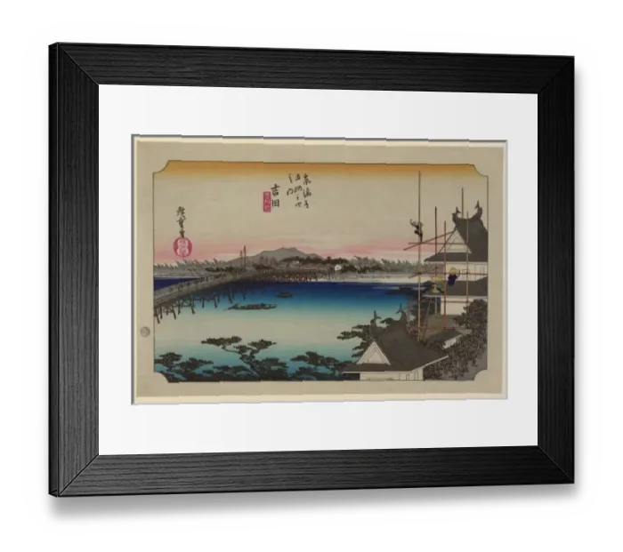 Framed Print : Yoshida. Print shows scaffolding around a temple building on the right Framed Print : Yoshida. Print shows scaffolding around a temple building on the right