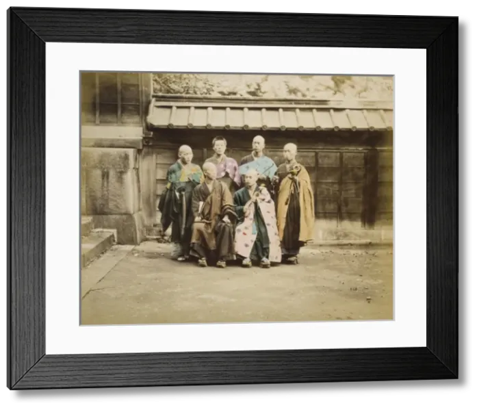 Framed Print : Six men, possibly monks, posed for group portrait, four stan Framed Print : Six men, possibly monks, posed for group portrait, four stan