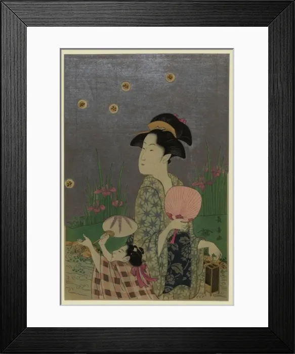 Framed Print : Fireflies. Print shows a woman holding a fan and a firefly cage Framed Print : Fireflies. Print shows a woman holding a fan and a firefly cage