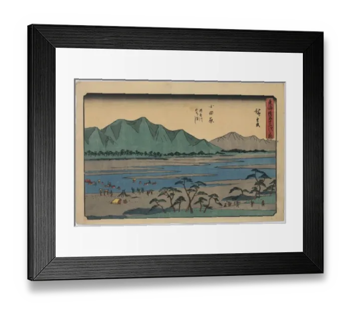 Framed Print : Odawara. Print shows travelers fording a river as others approach Framed Print : Odawara. Print shows travelers fording a river as others approach