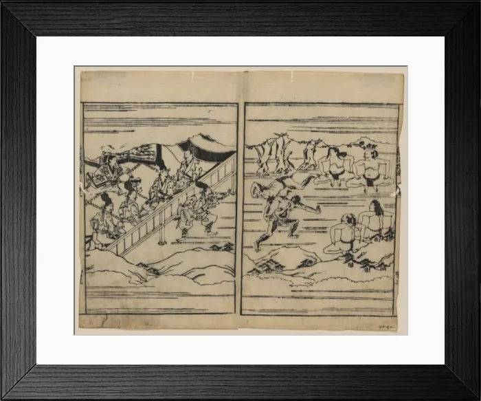 Framed Print : Sumo. Print showing scenes related to the Soga family. Date 16-- Framed Print : Sumo. Print showing scenes related to the Soga family. Date 16--