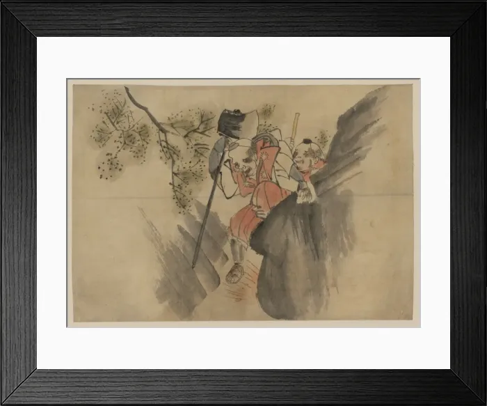 Framed Print : Two men, one carrying a large axe, walking along a narrow mo Framed Print : Two men, one carrying a large axe, walking along a narrow mo