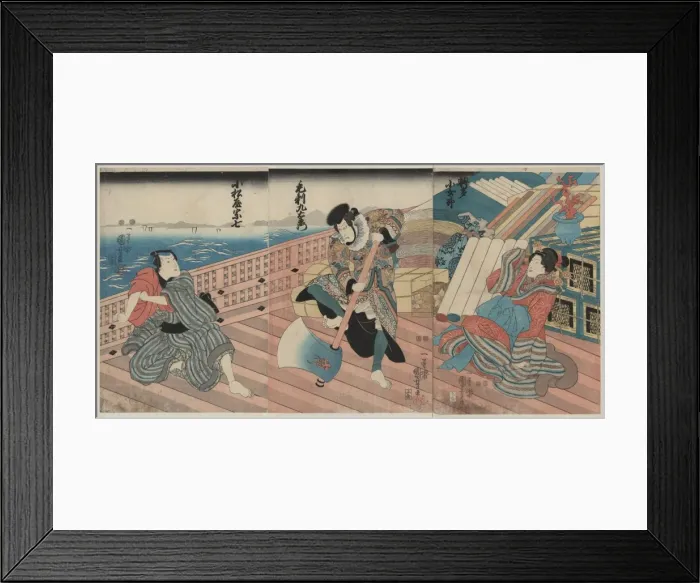 Framed Print : Three actors in the roles of Hakata Kojoro, Kezori Kuemon, a Framed Print : Three actors in the roles of Hakata Kojoro, Kezori Kuemon, a